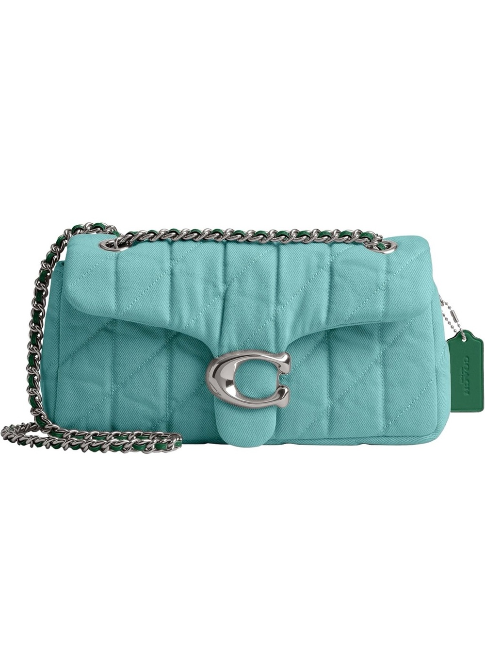 Coach Quilted Denim Shoulder Bag 26 in Teal with Silver Chain